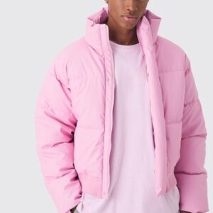 Boxy Matte PU Funnel Neck Puffer In Pink